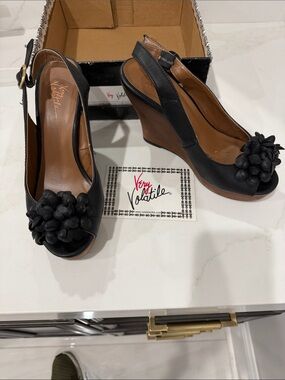 Very Volatile Black Floral Peep-Toe Wedge Sandals with Slingback, worn once